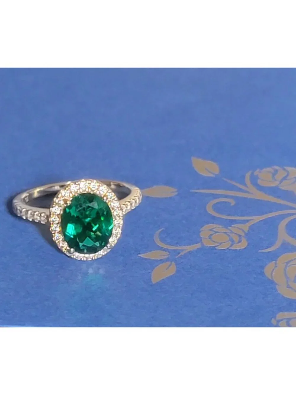 3ct Lab Grown Emerald Halo Ring 925 Silver Champagne Gold Size 7 NWT
